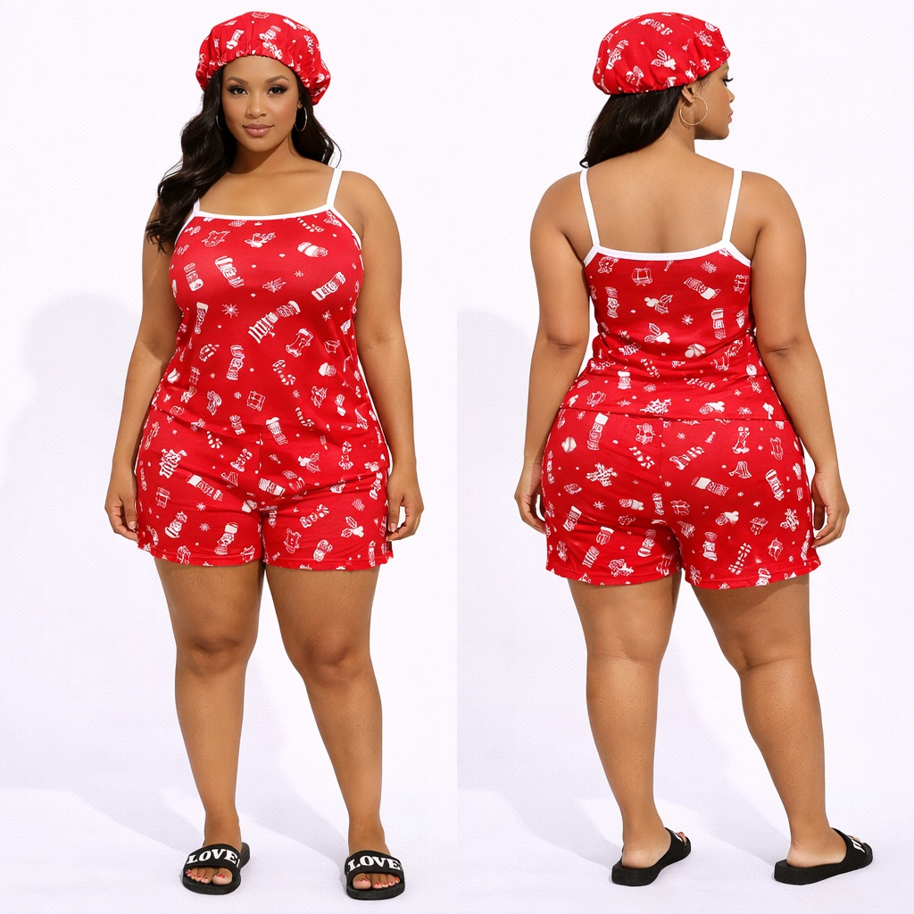 Womens Christmas themed Print Nightwear Set with bonnet