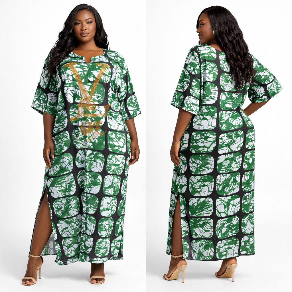 Green Patterned Kaftan Maxi Dress with Embellished Detail