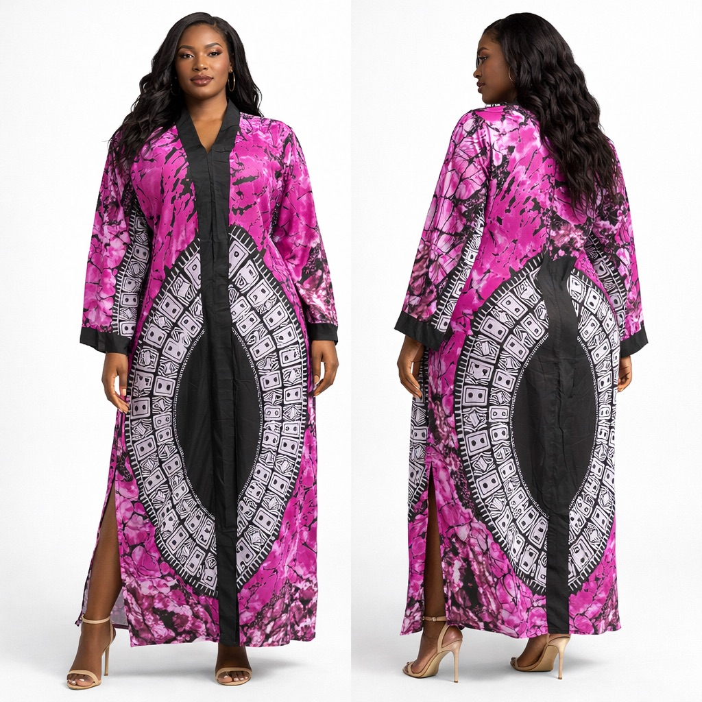 Pink & Black Patterned Long Sleeve Kaftan Dress