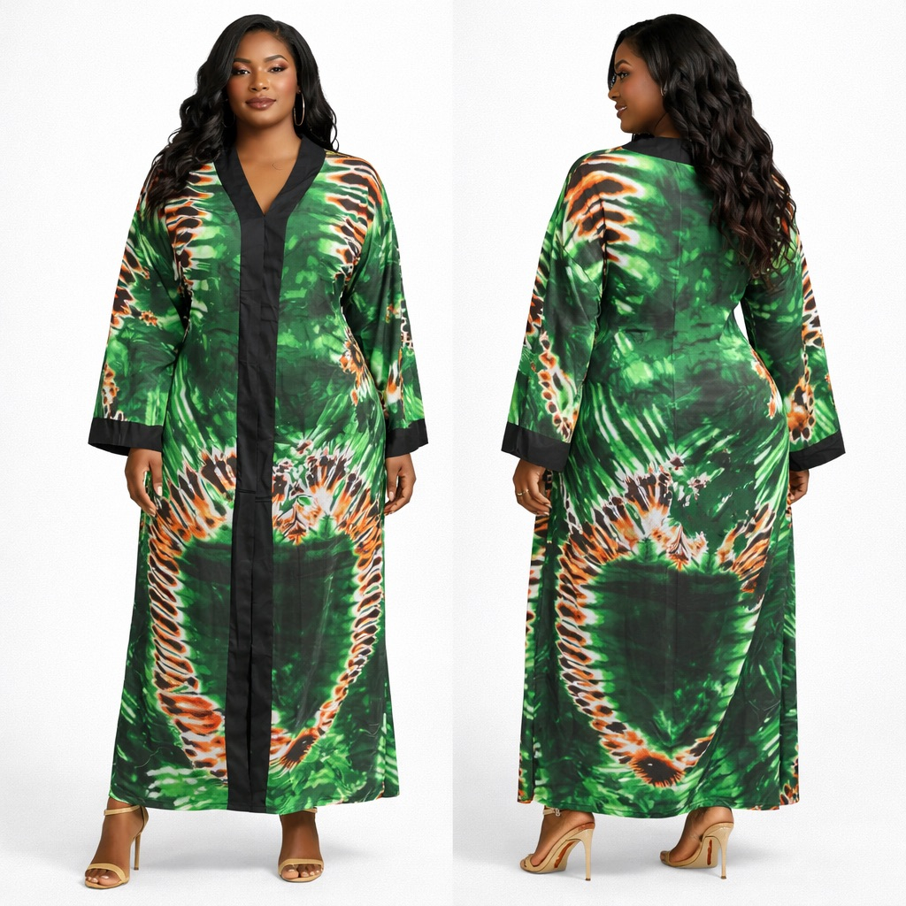 Green Tie Dye Long Sleeve Kaftan Dress