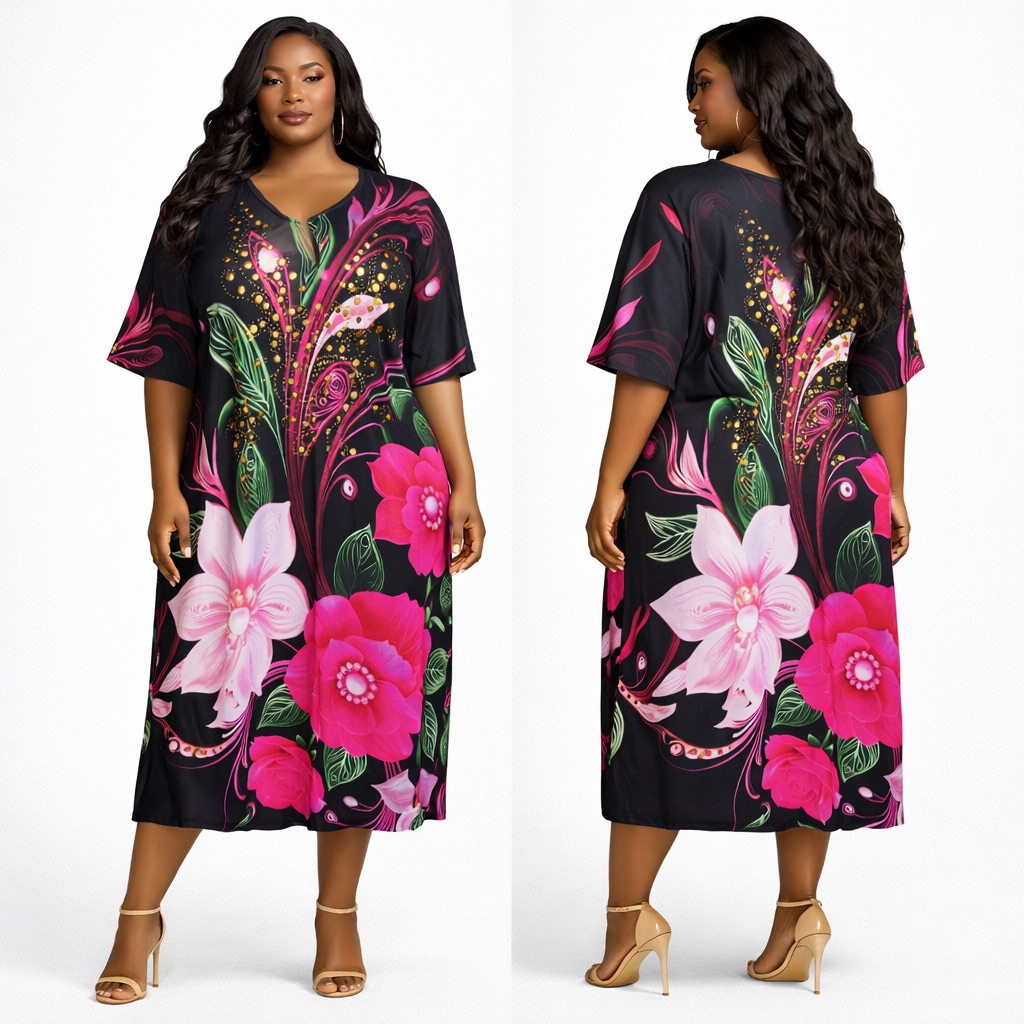 Black Floral Embellished Kaftan Midi Dress