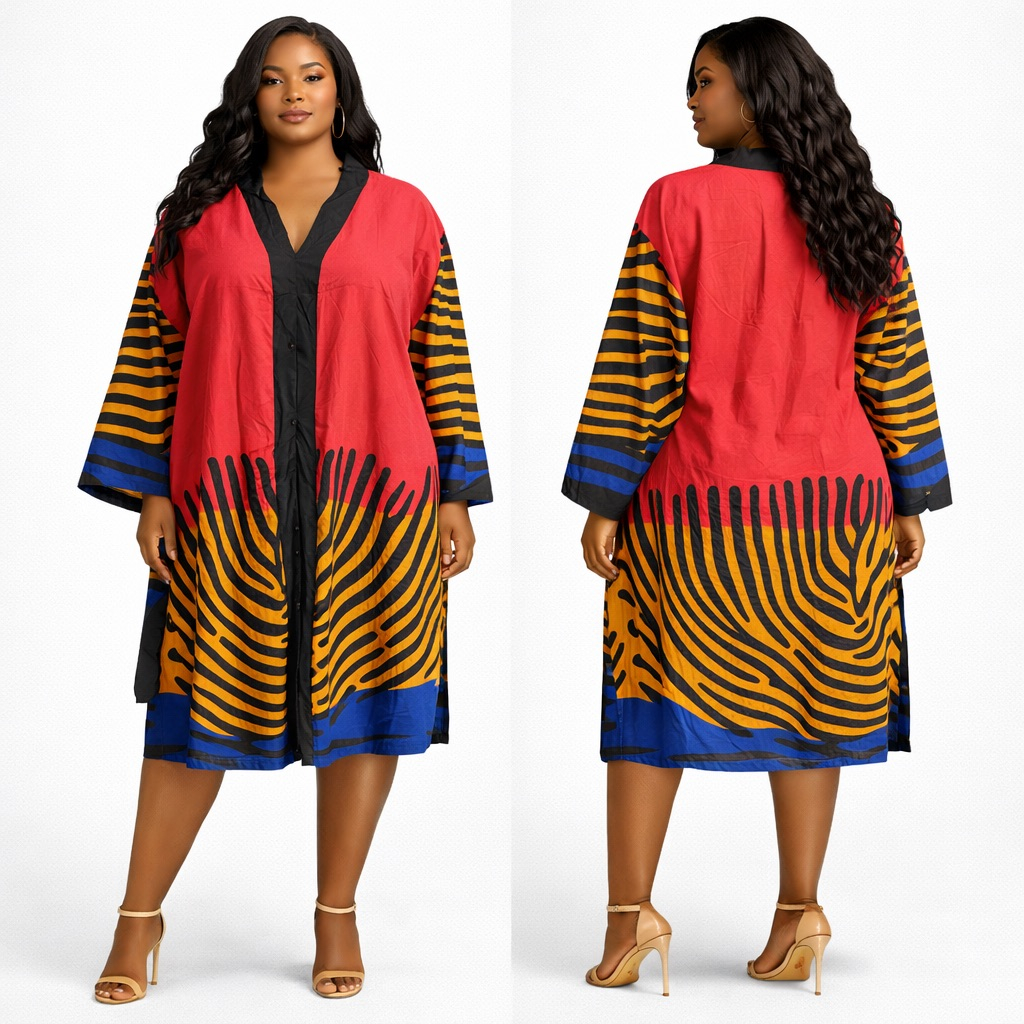 Red Abstract Print Kaftan Tunic Dress
