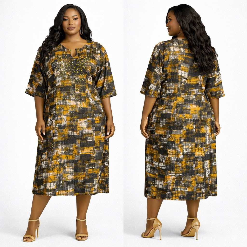 Abstract Print Embellished Maxi Kaftan Dress