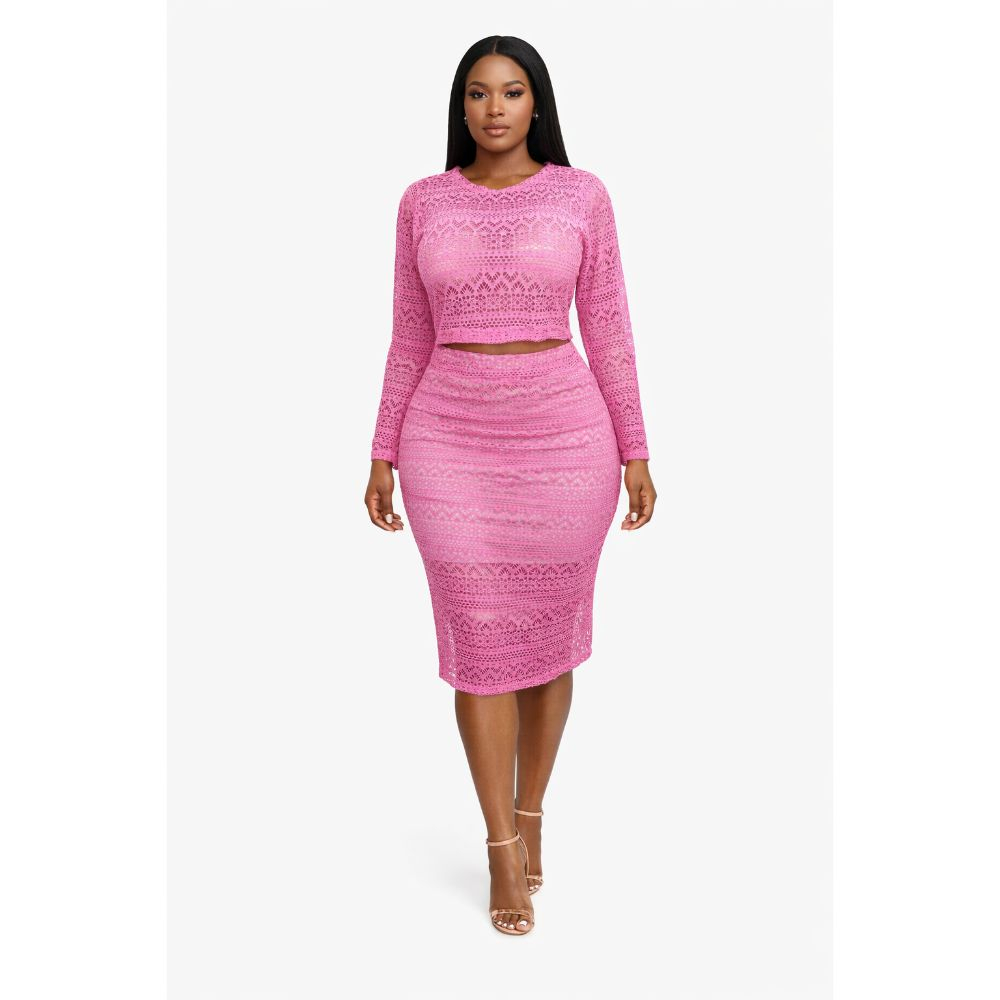 Pink Lace Two Piece Skirt Set with Long Sleeve Top