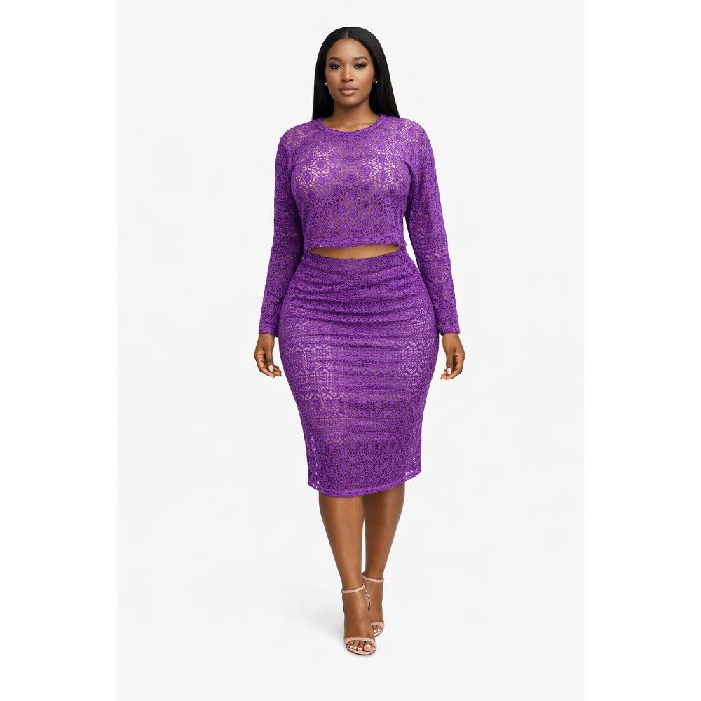 Purple Lace Two Piece Skirt Set with Long Sleeve Crop Top & Midi Skirt