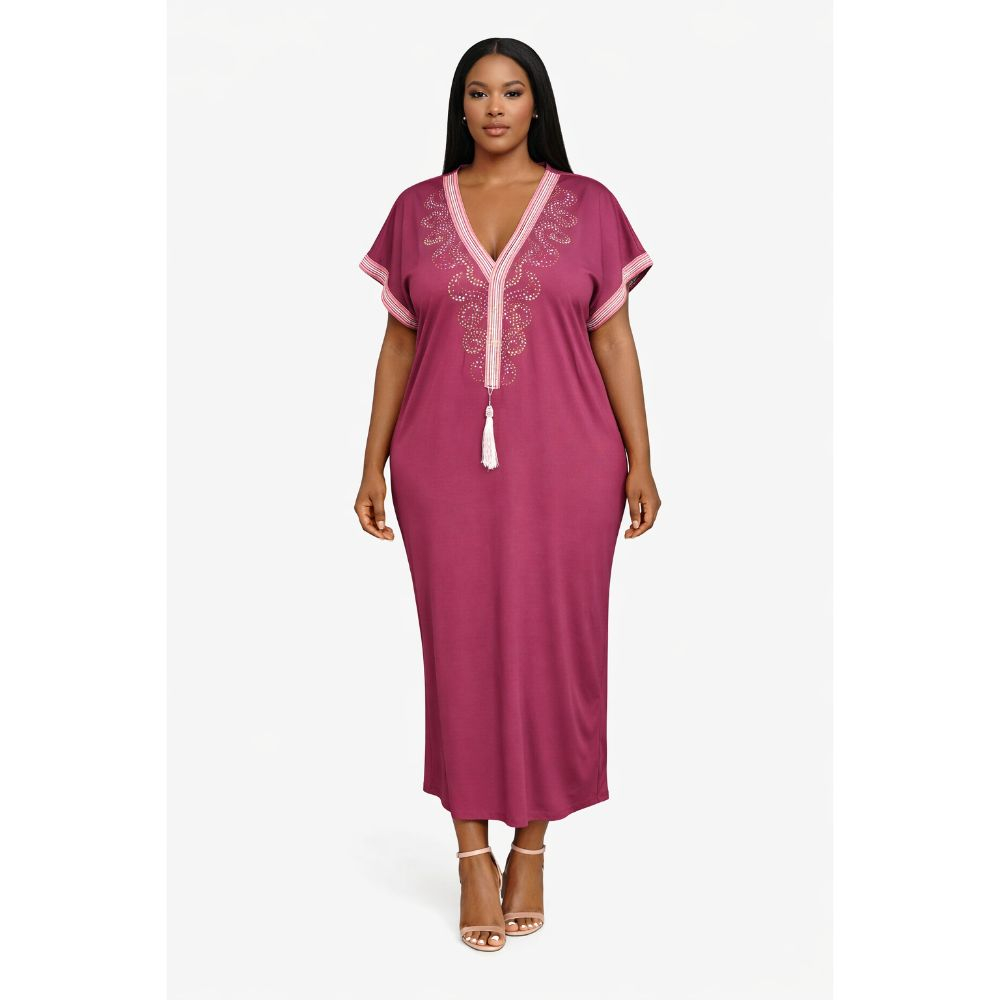 Womens Embellished V Neck Kaftan Dress
