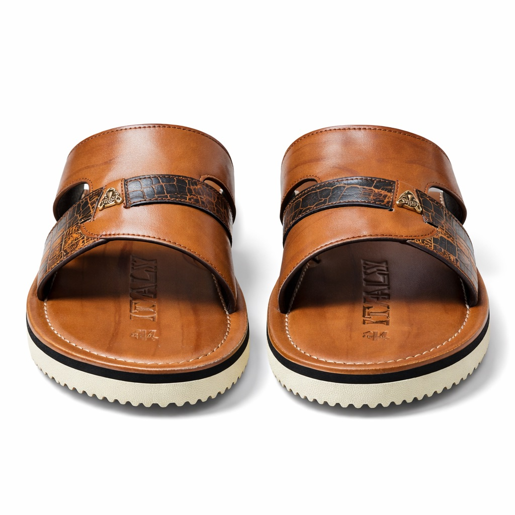 Mens Brown Leather Slide Sandal  with Croc Accent and Contrast Sole