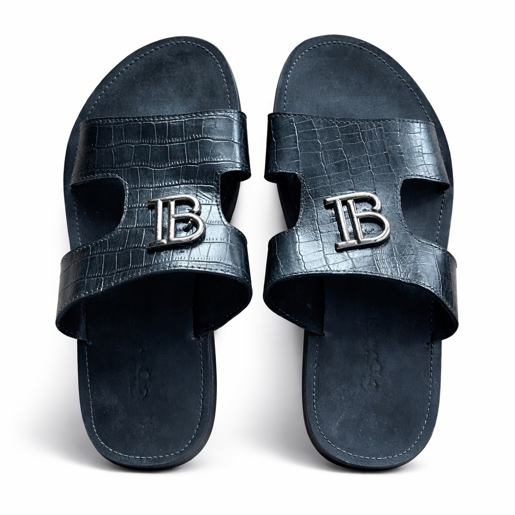 Mens Black Croc Embossed Leather Slide Sandal with Cut Out Designer Logo Style