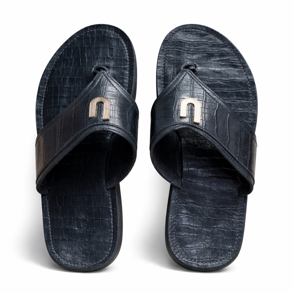 Mens Black Croc Embossed Leather Slide Toe loop Sandal