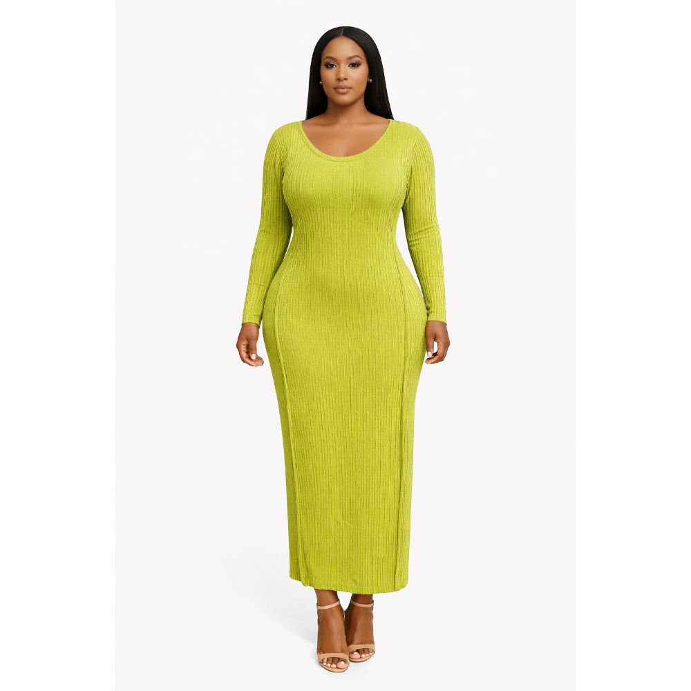 Ribbed Long Sleeve Bodycon Midi Dress with Back Tie Detail