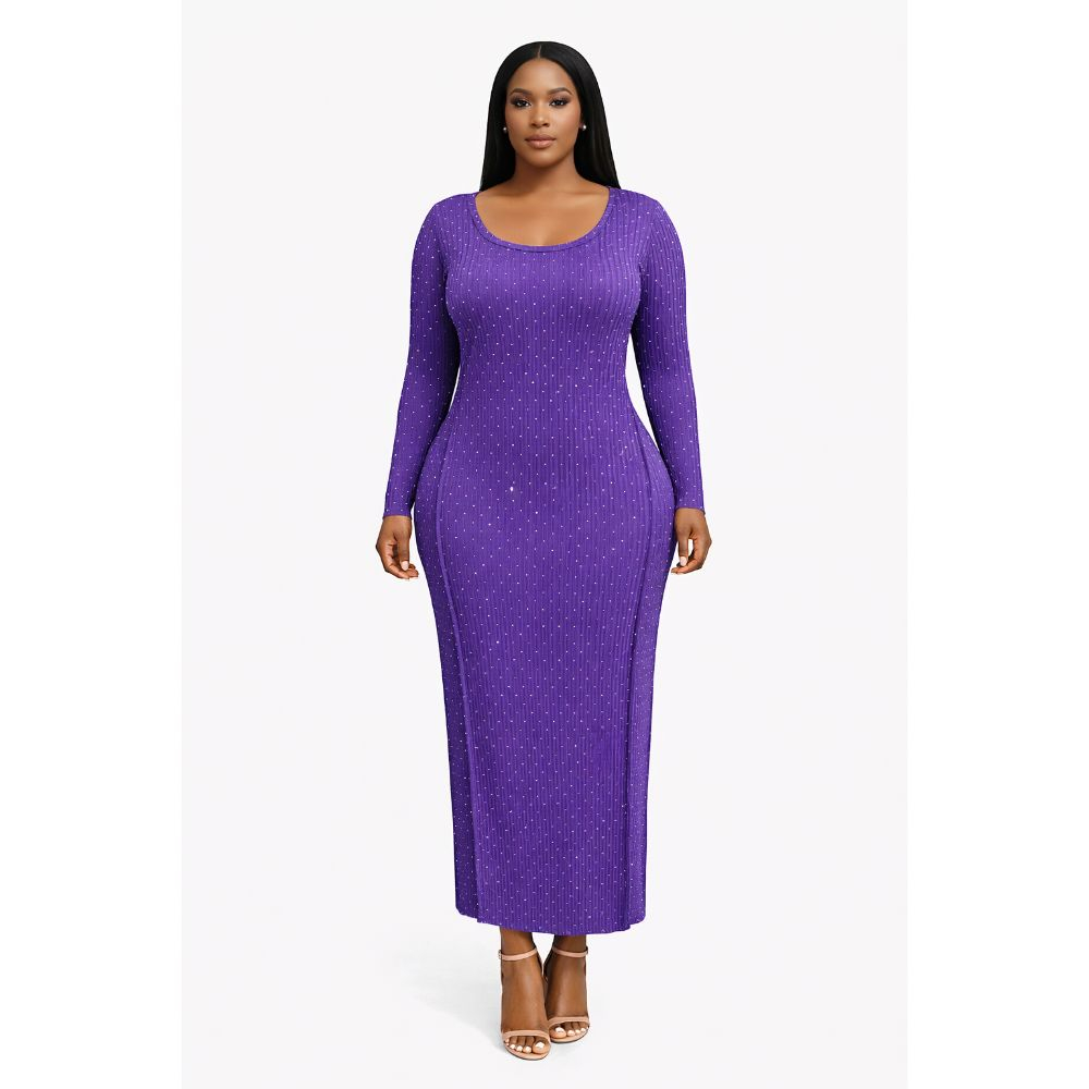 Purple Long Sleeve Ribbed Midi Dress