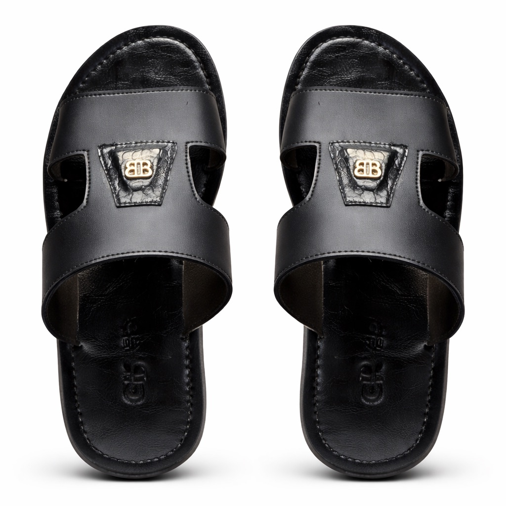 Mens Black Leather Cut out design Slide Sandal with Contrast Grip Sole