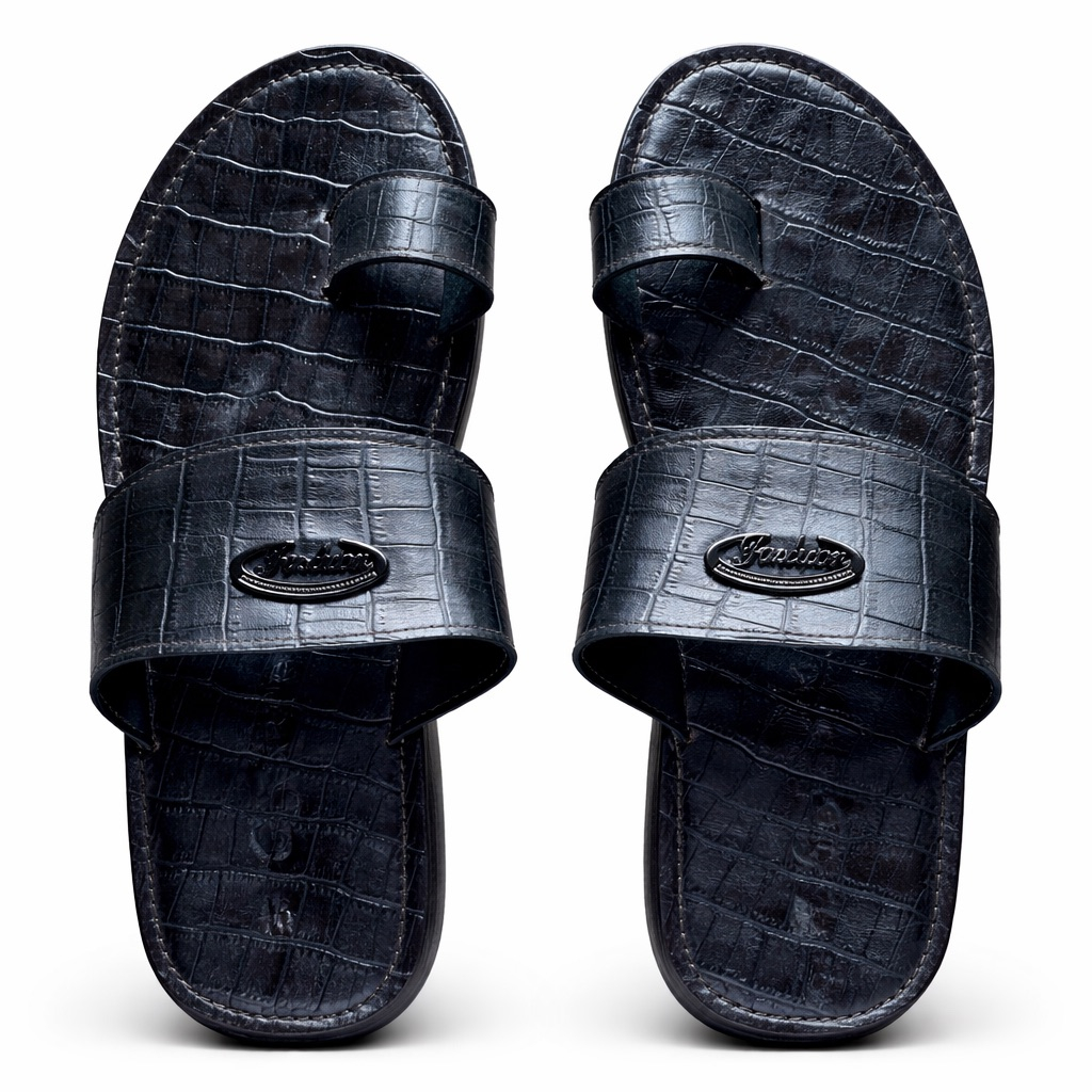 Mens Black Croc Embossed Leather Slide Sandal  with Dual Strap Design