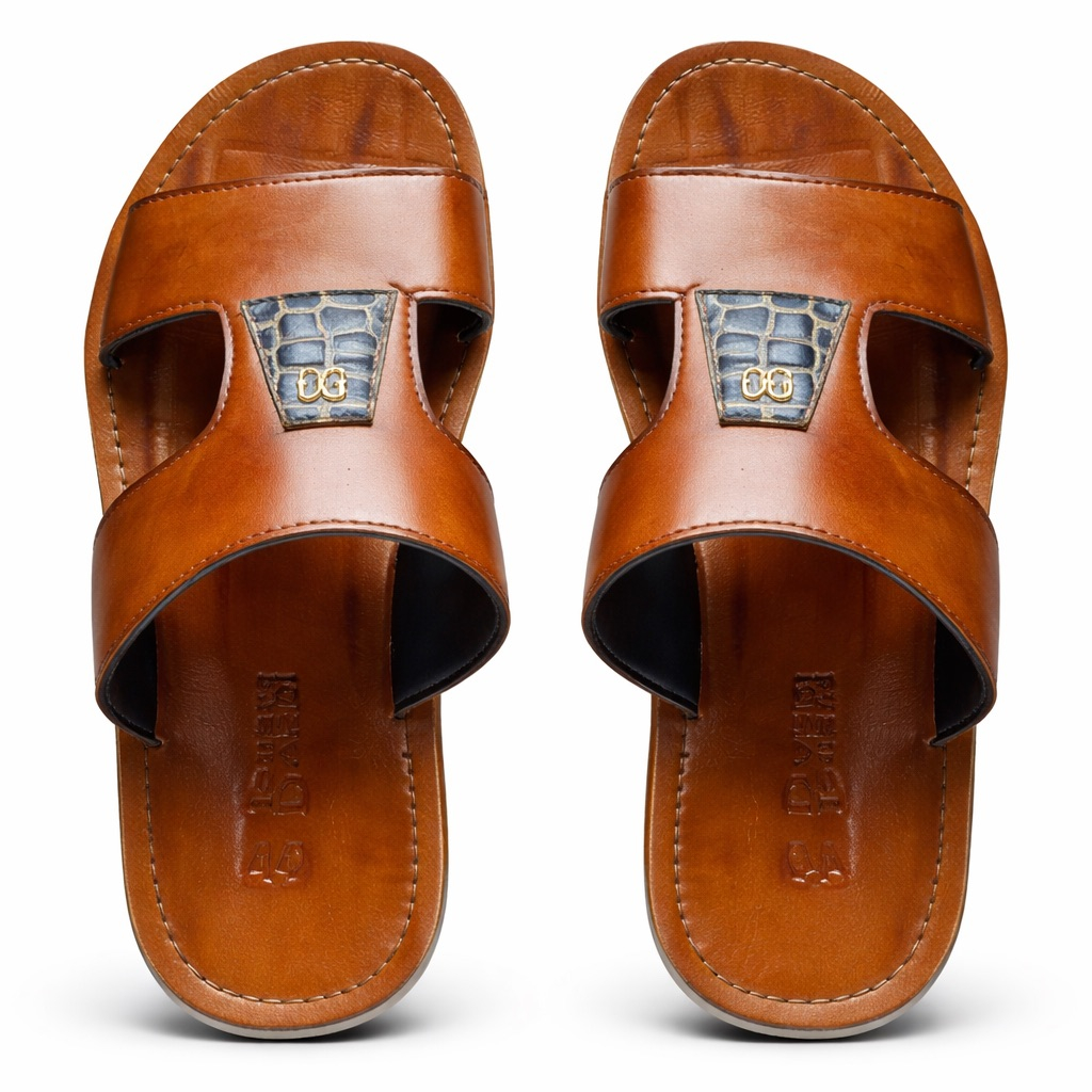 Mens Brown Leather Slide Sandal  with Croc Embossed Detail