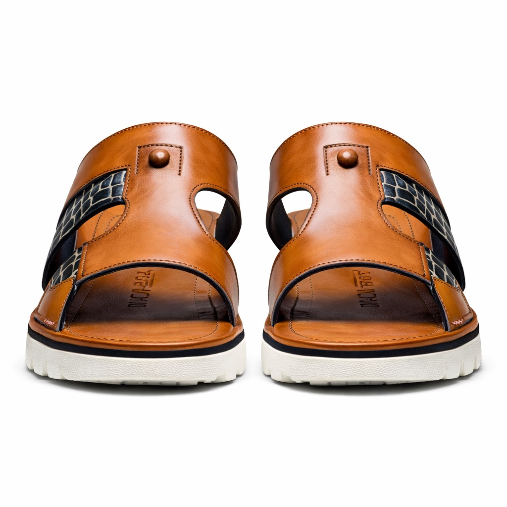 Mens Brown Leather Slide Sandal  with Croc Accent Detail