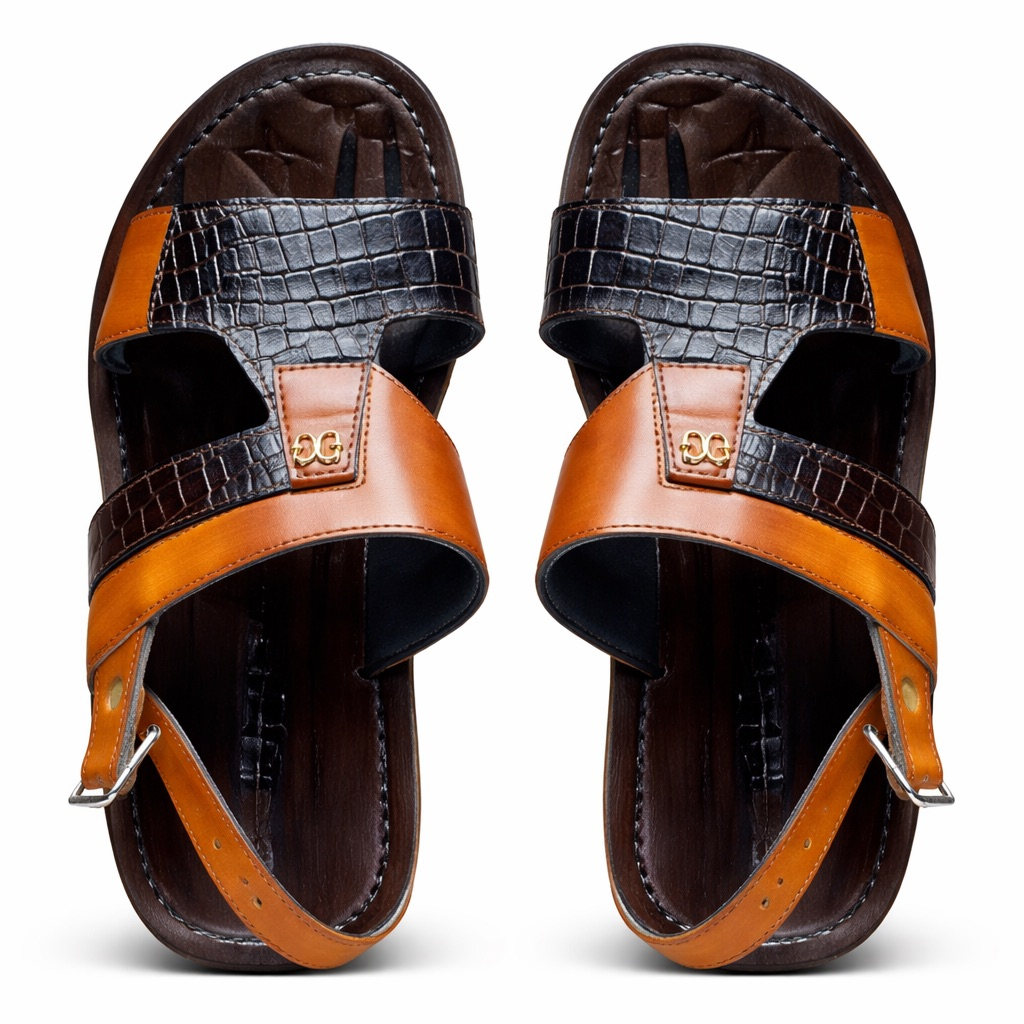 Mens Brown and Black Croc Embossed Leather Slide Sandal with Buckle Strap
