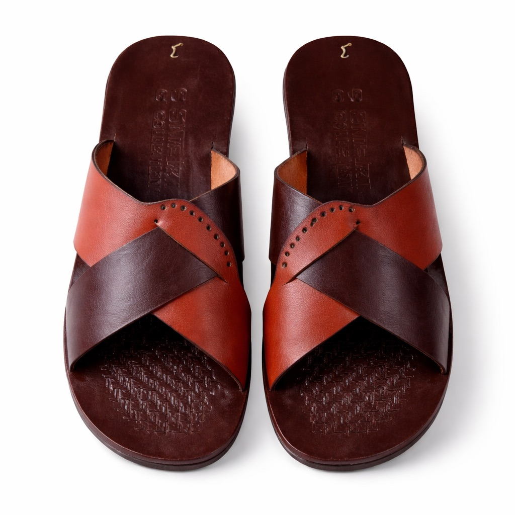 Mens Brown CrossStrap Leather Slide Sandal     Textured Sole Design
