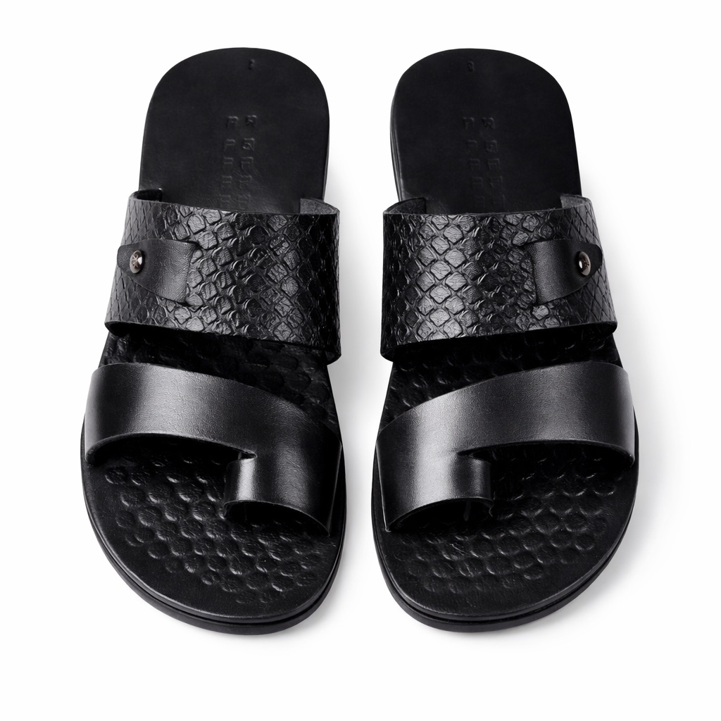 Mens Black Dual Texture Leather Slide Sandal     Croc Embossed Strap Design