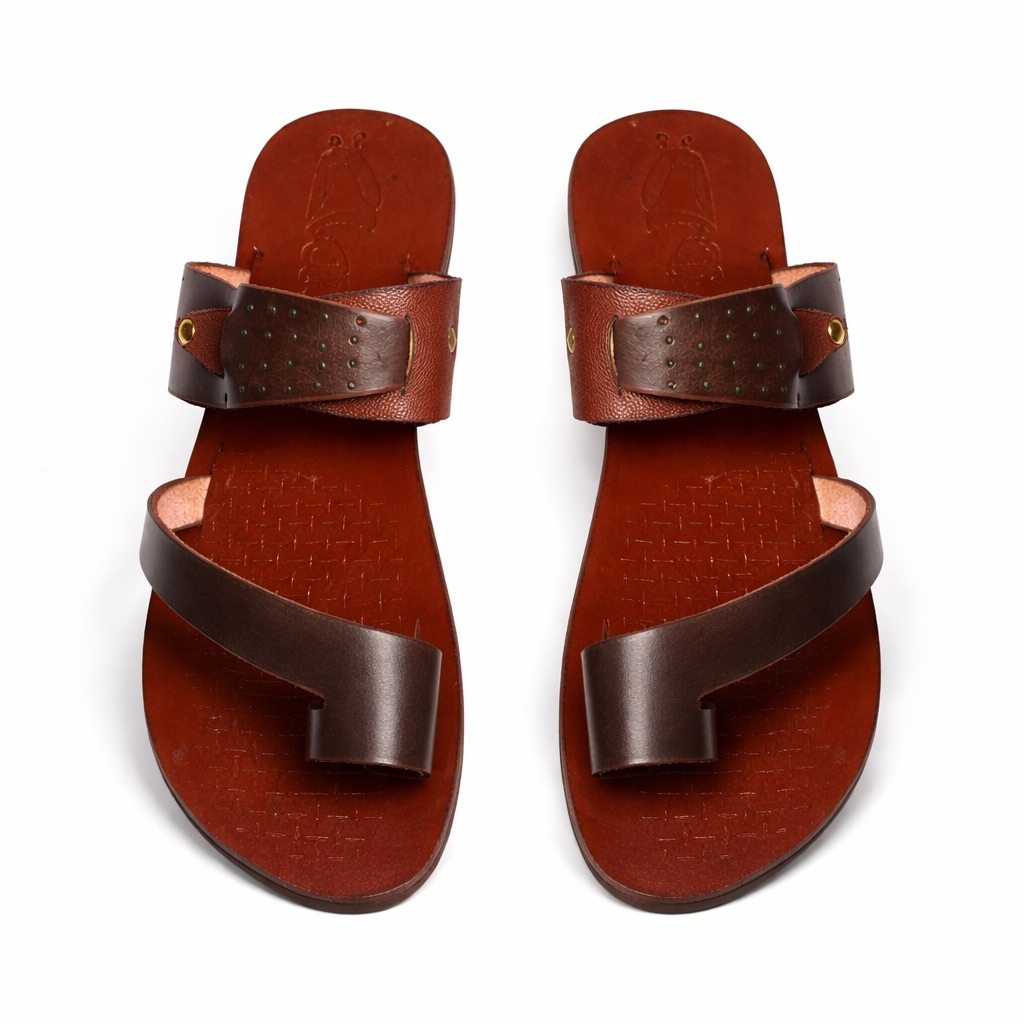 Mens Brown Dual Strap Leather Slide Sandal      Perforated Detail Design