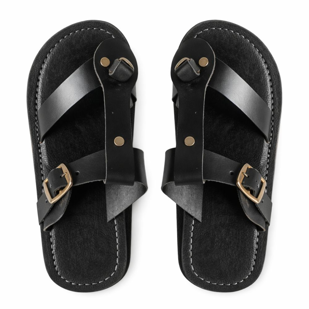 Kids Black Leather Strap Slip On Sandals with buckle