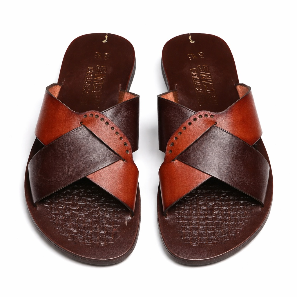 Mens Brown Cross Strap Leather Slide Sandal    Perforated Accent Design