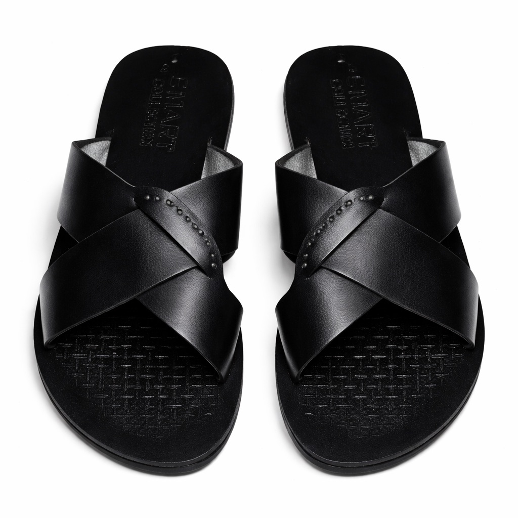 Mens Black CrossStrap Leather Slide Sandal     Perforated Accent Design