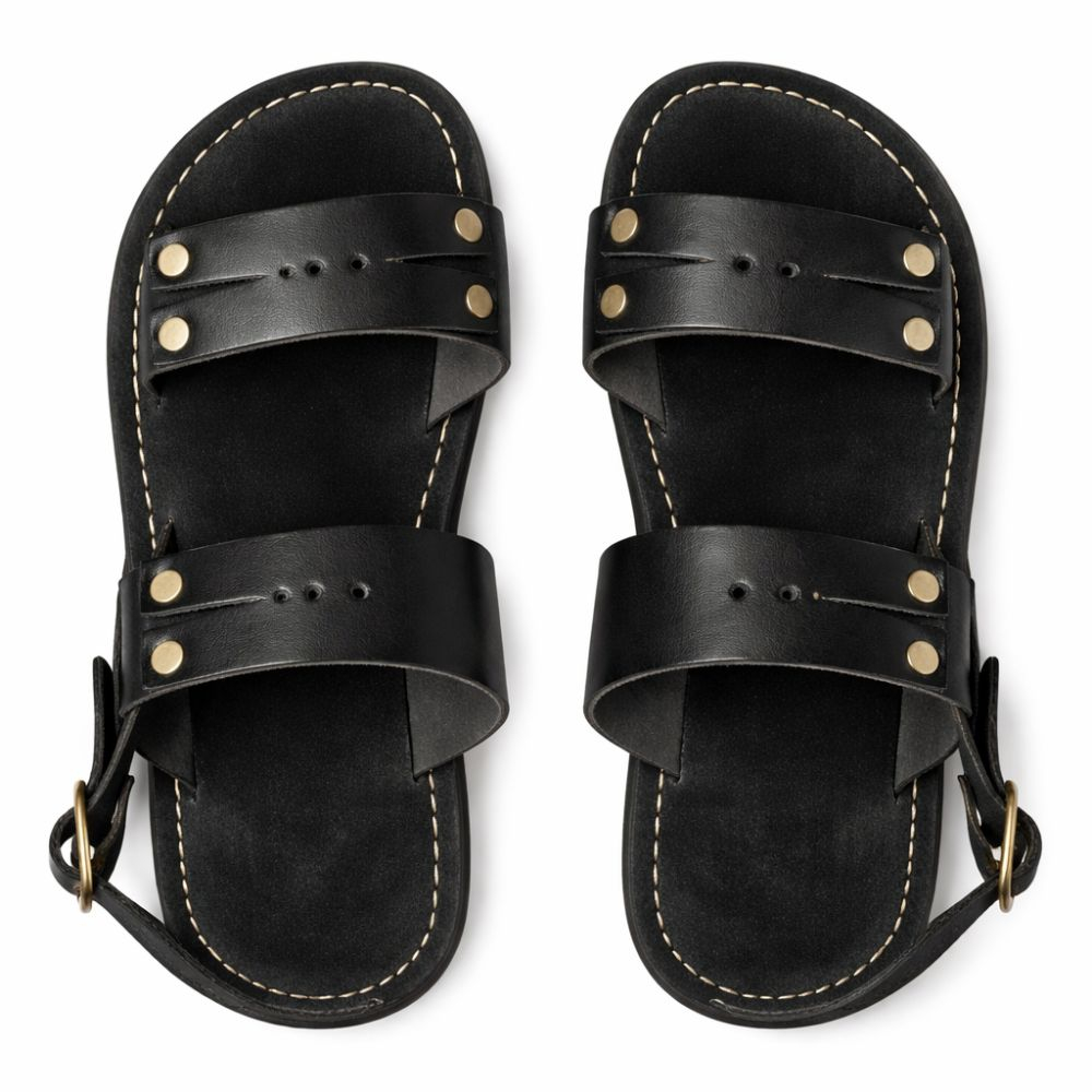 Kids Black Double Strap Leather Sandal with Ankle Buckle