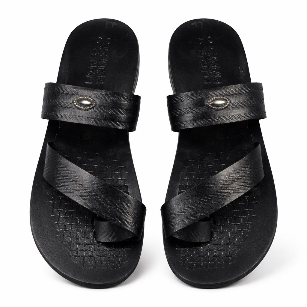 Mens Black Textured Leather Slide Sandal     Metal Accent Strap Design