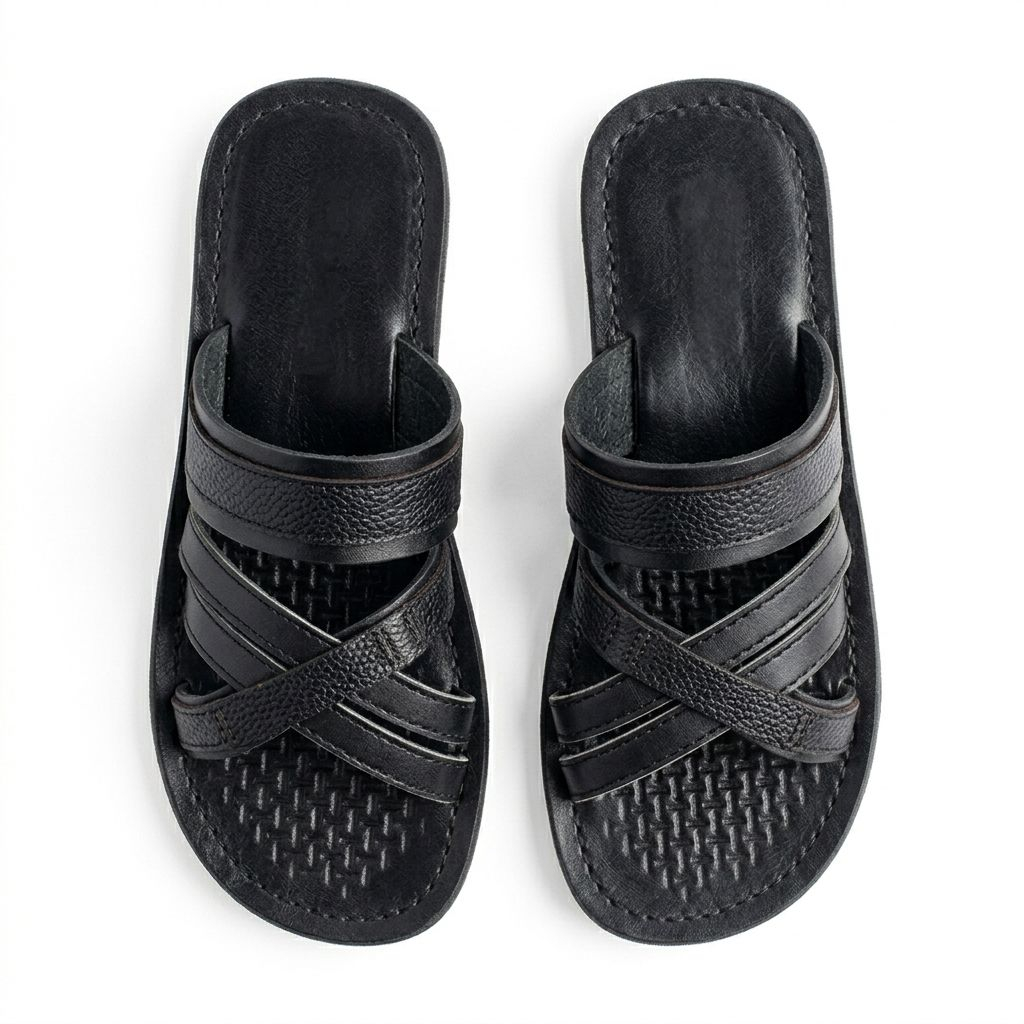 Kids Black Multi Strap Leather Slip On Sandal