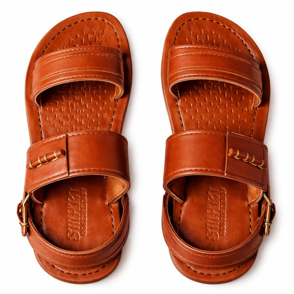 Kids Brown Dual Strap Slip On Sandal