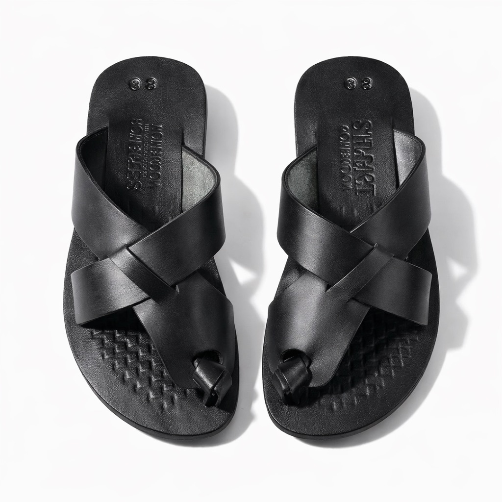Mens Black Cross Strap Leather Slide Sandal      Toe Loop Design