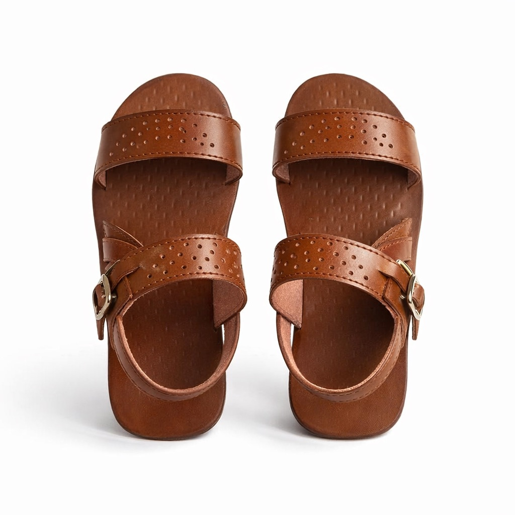 Mens Brown Perforated Leather Slide Sandal        Dual Strap with Buckle