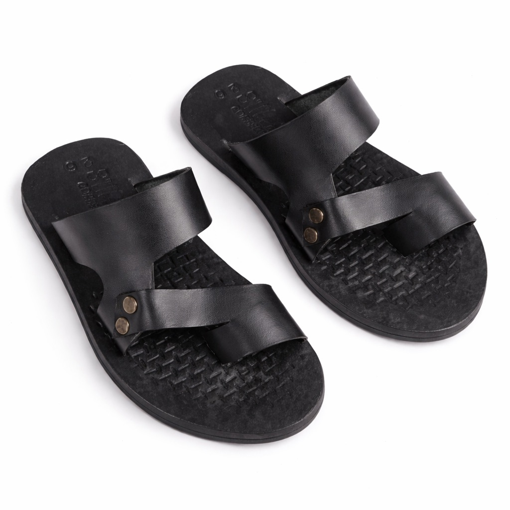 Mens Black Dual Strap Leather Slide Sandal     Minimal Rivet Detail