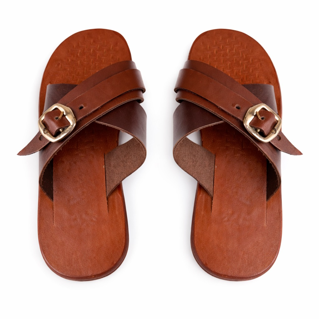 Mens Brown CrossStrap Leather Slide Sandal       Adjustable Buckle Design