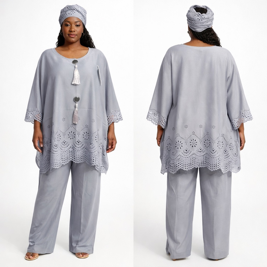 Grey Laser Cut Embellished Two Piece Womens Set with Scarf