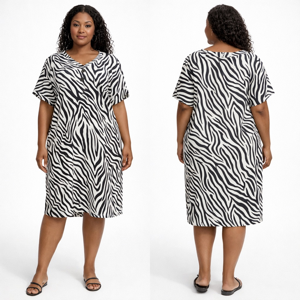 Womens Black and White Zebra Print Midi Dress             V Neck Button Detail Flowy Casual Dress