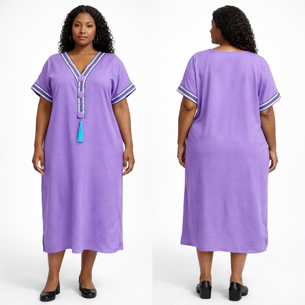 Womens Lavender Embellished Kaftan Dress         V Neck Tassel Detail Relaxed Fit Dress