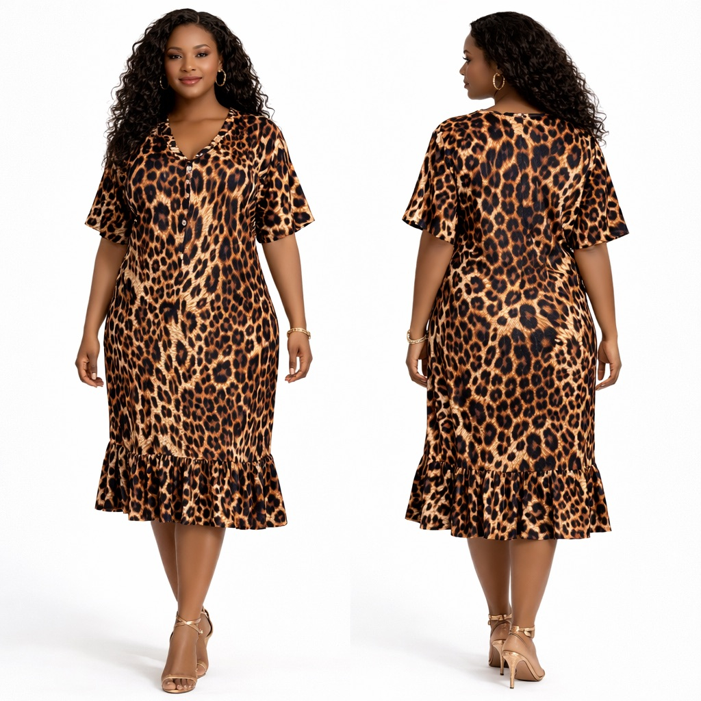 Classic Leopard Print Button Front Midi Dress