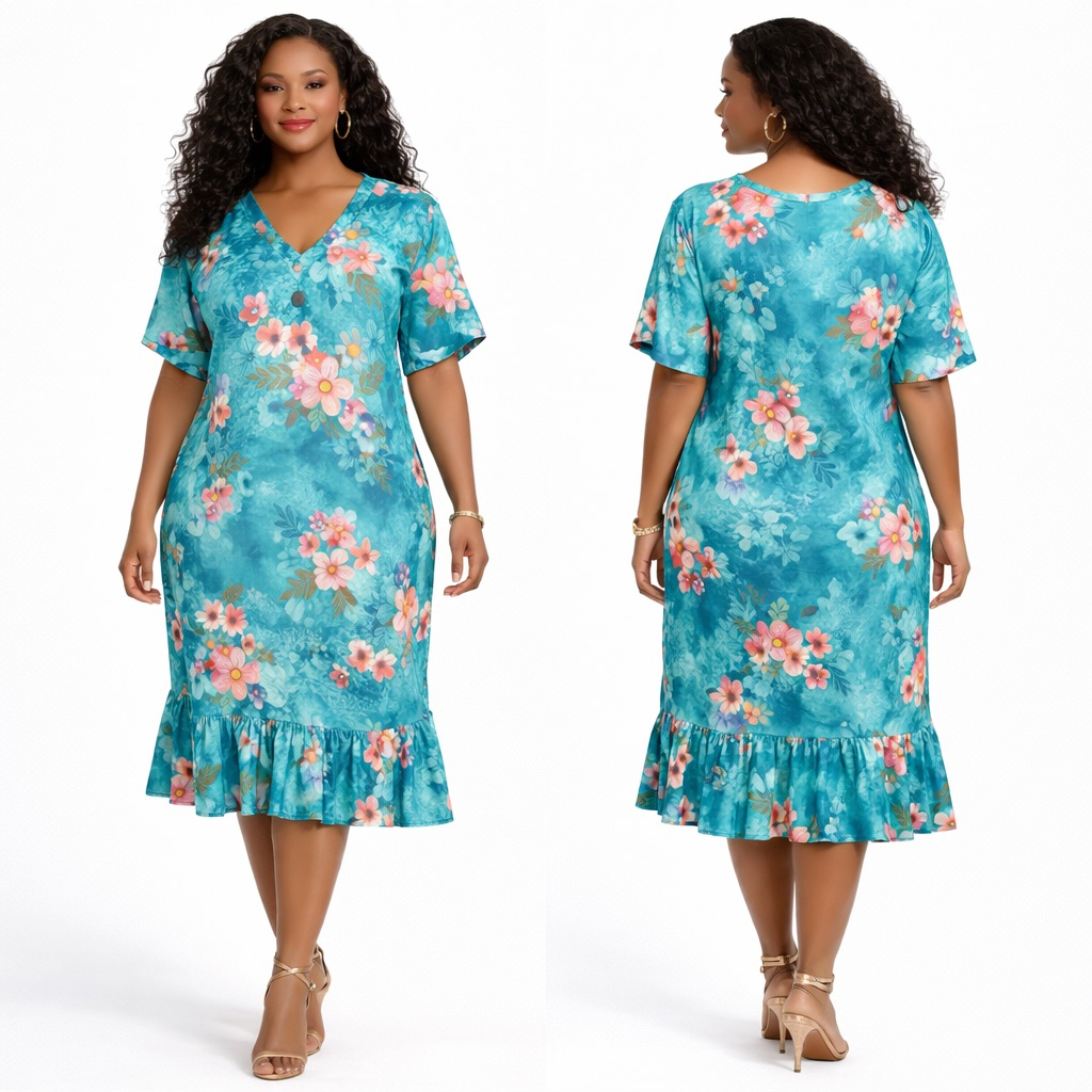 Aqua Blossom Button Front Midi Dress