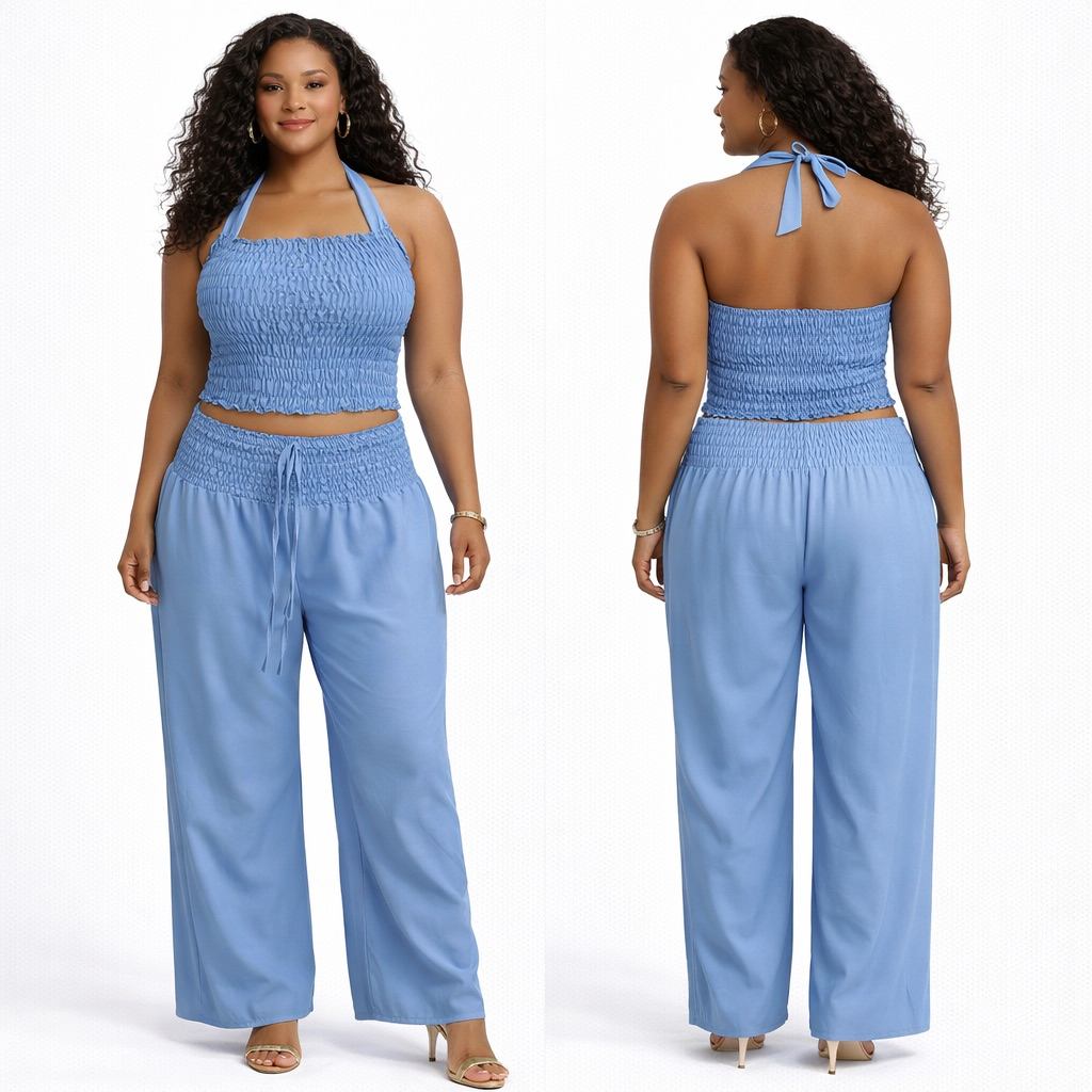 Sky Blue Smocked Halter Two Piece Lounge Set