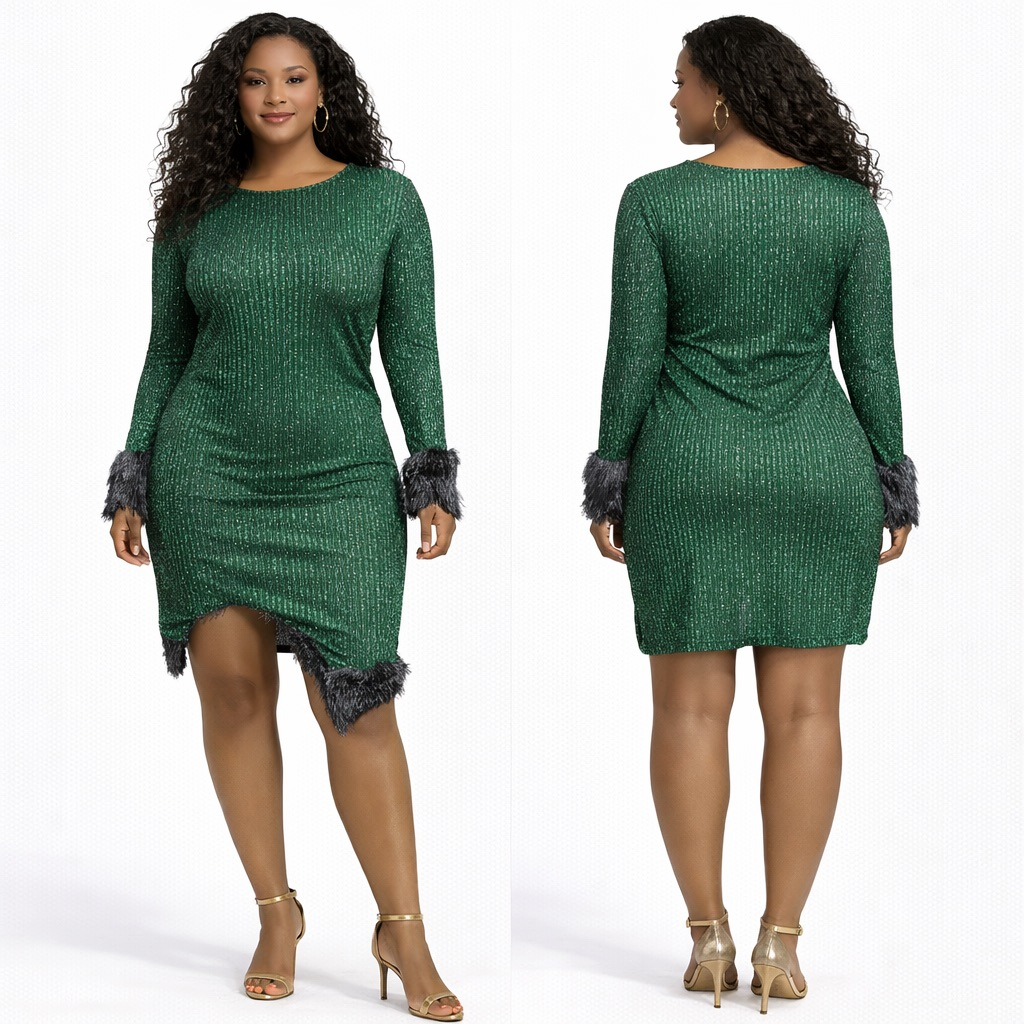 Green Glitter Long Sleeve Mini Dress with Feather Trim
