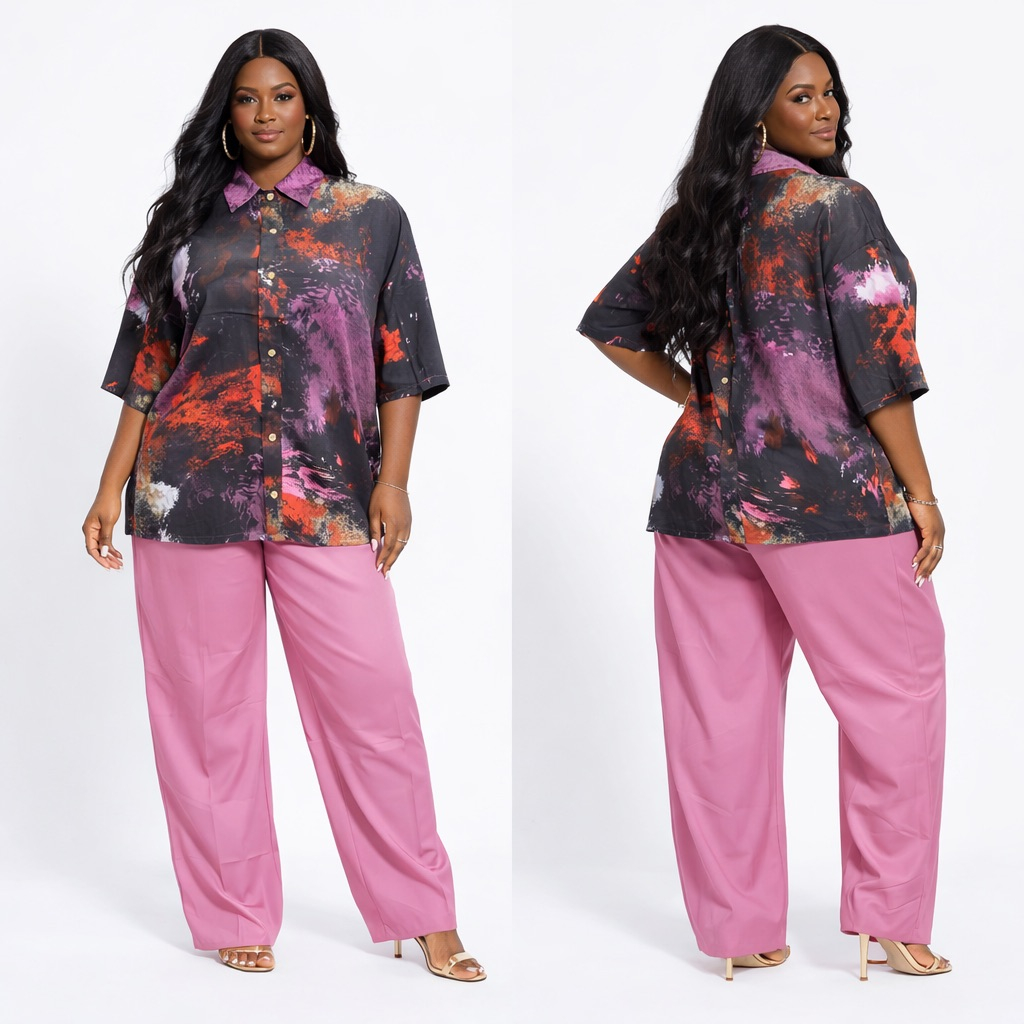 Womens Abstract Print ButtonUp  Shirt and  Wide Leg Pants Two Piece Set