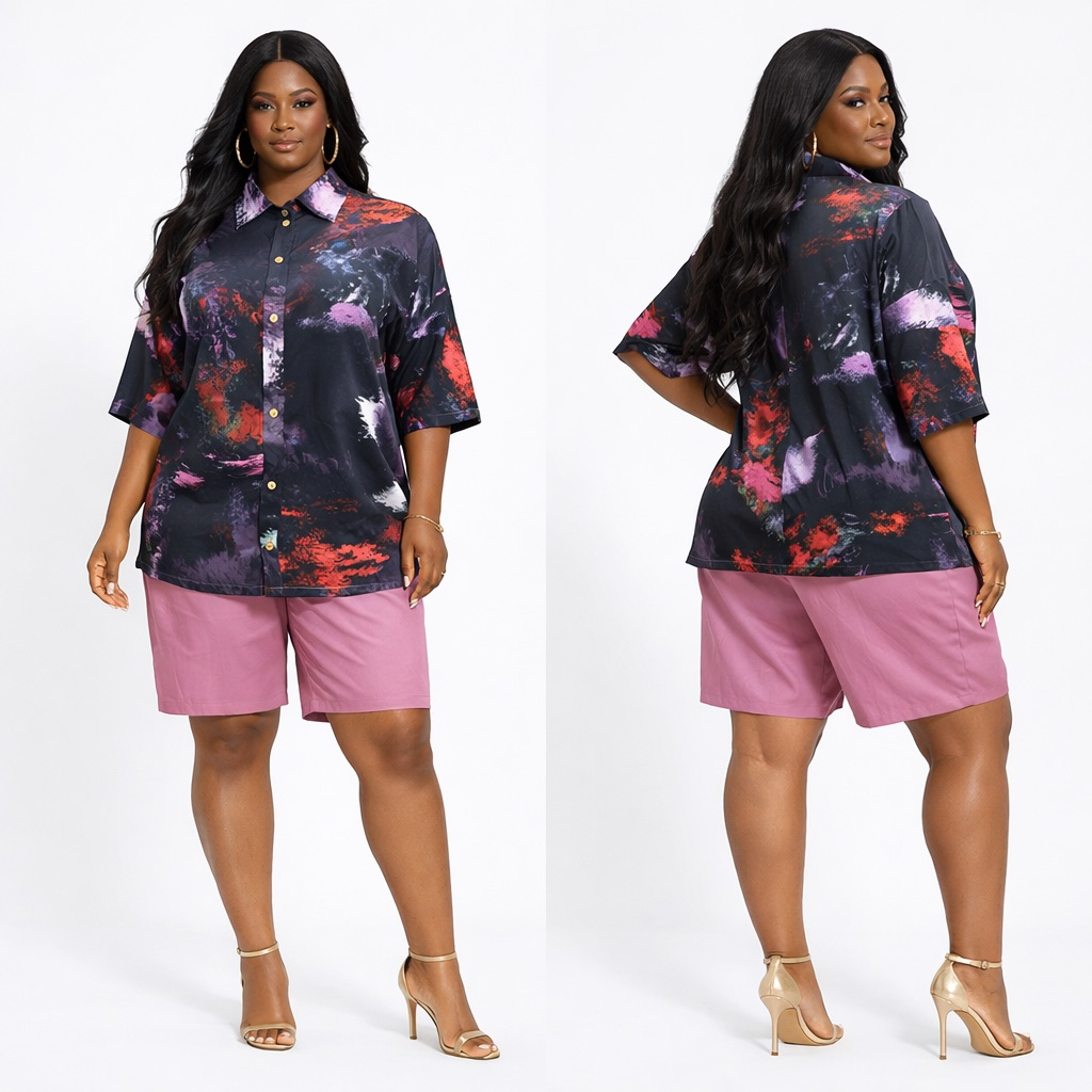Womens Abstract Print Button Up Shirt and Mauve Shorts