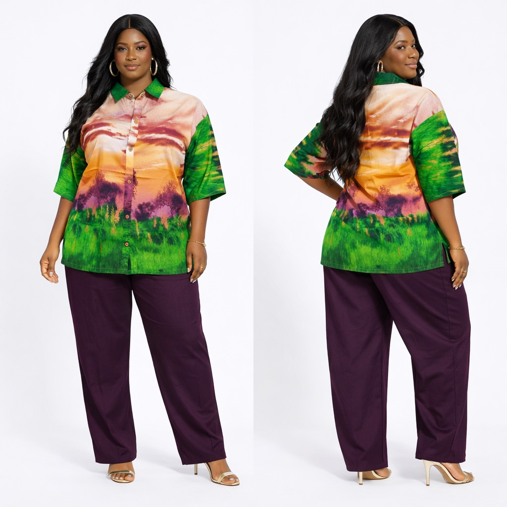 Womens Landscape Print Button Up Shirt and  Black Wide Leg Pants