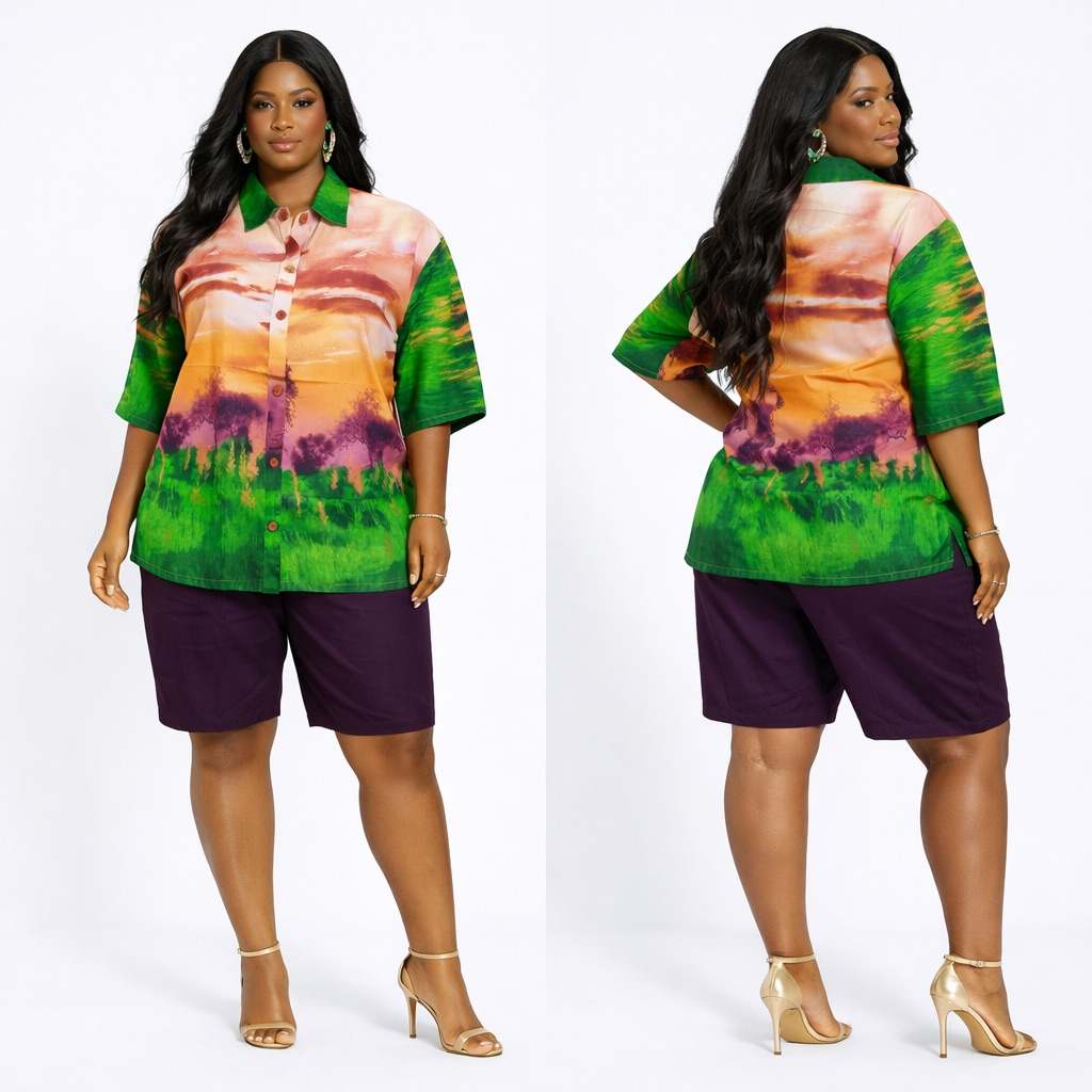 Womens  Landscape Print Button Up Shirt and  Shorts Two Piece Set