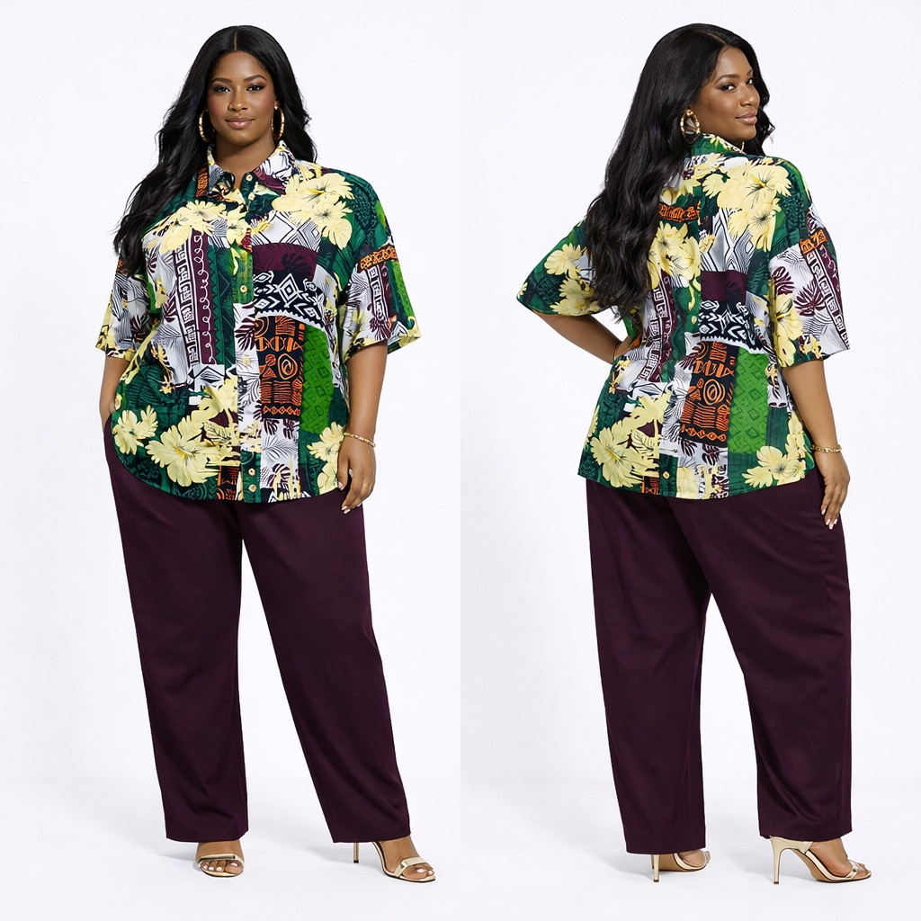 Unisex Mixed Print Button Up Shirt and Dark Brown Wide Leg Pants