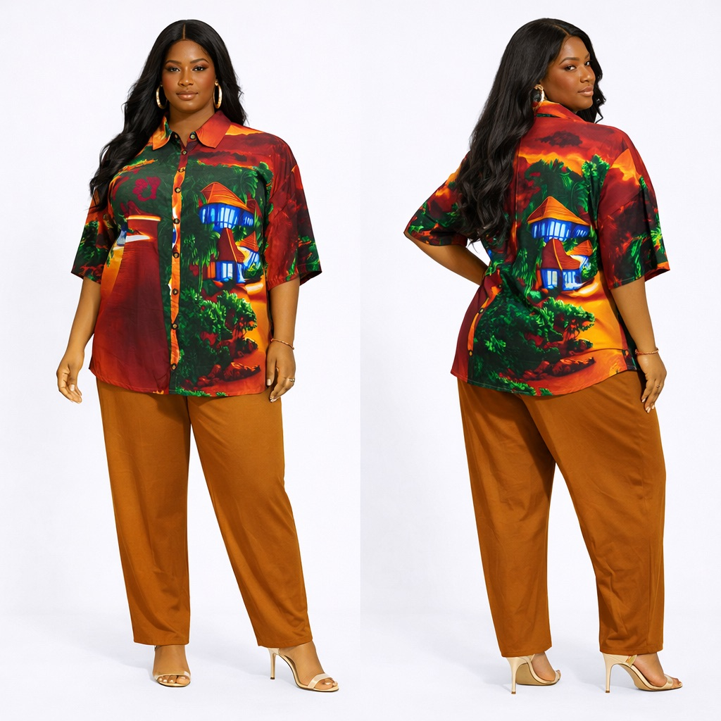 Unisex Senic Printed Button Shirt and Plain Trousers Set