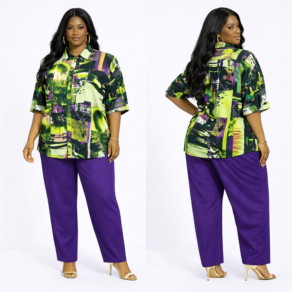 Womens Abstract Patchwork Print ButtonUp Shirt and Purple Pants
