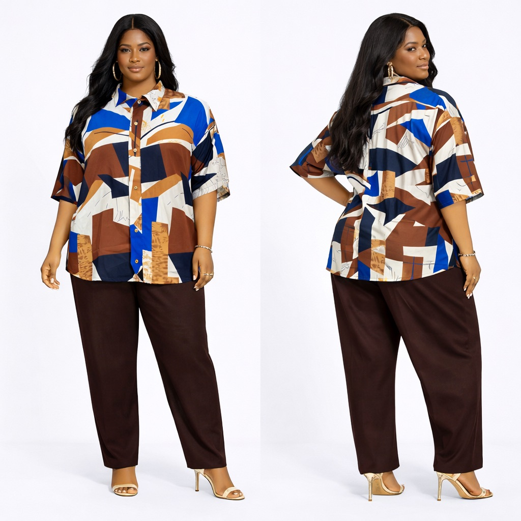 Womens Geometric Print Button Up Shirt and Dark Brown Wide Leg Pants