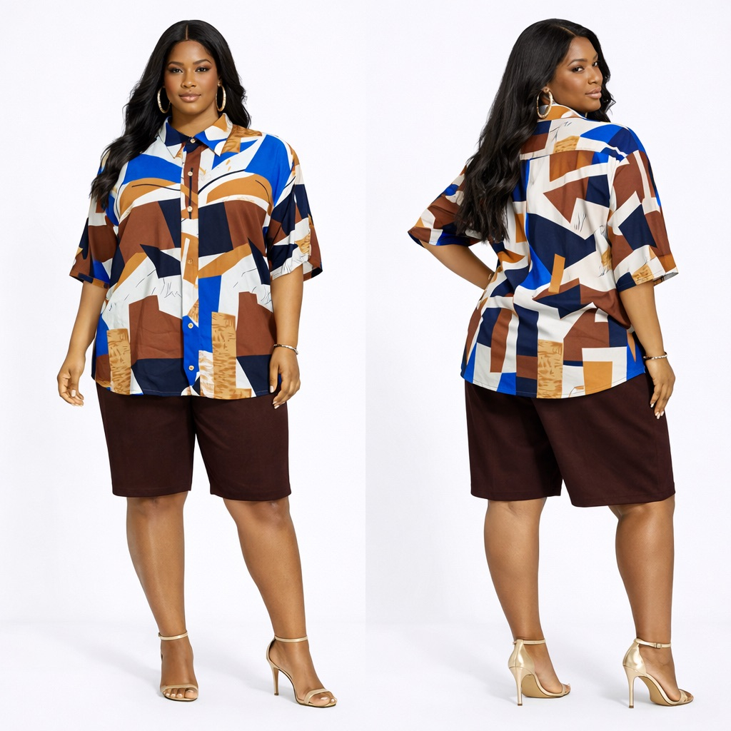 Womens Geometric Print ButtonUp Shirt  and  Brown Shorts Two Piece Set